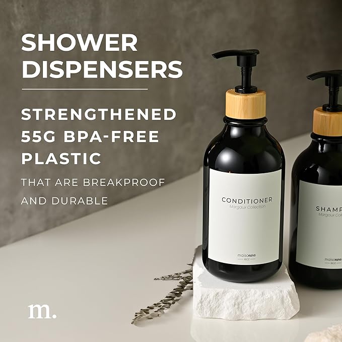MaisoNovo Refillable Shampoo and Conditioner Bottles - 16.9 fl oz Set of 3 Black Plastic Bottles Black Bamboo Pumps