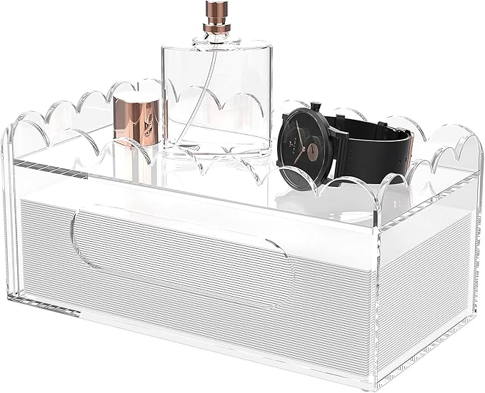 LUGUNU Acrylic Tissue Box Holder, Clear Rectangular Tissue Box Cover with Storage Tray, Modern Decorative Tissue Holder for Living Room, Bathroom and Office, 9.8x5x4.5 Inch