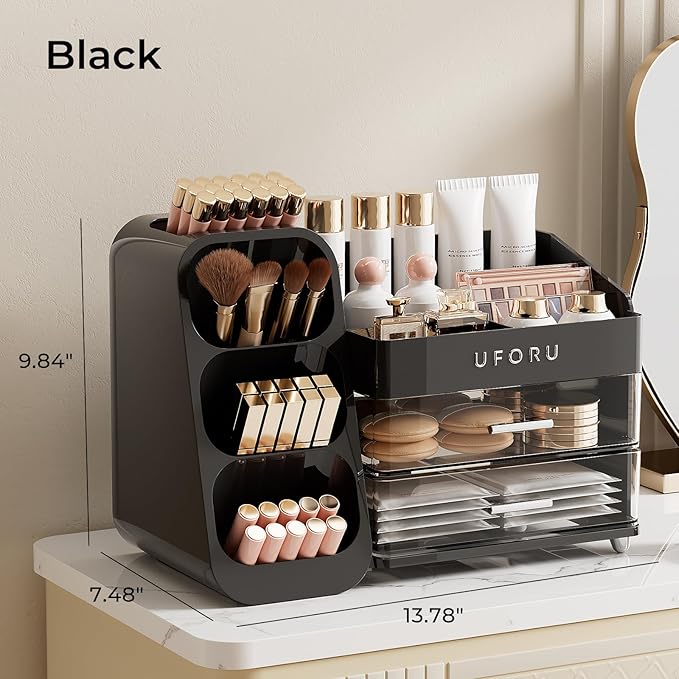 Makeup Organizer for Vanity with Brush Holder, Countertop Skincare Organizer with 2 Drawers, Spacious Cosmetic Display Case for Perfumes, Cologne, Shaving Lotion