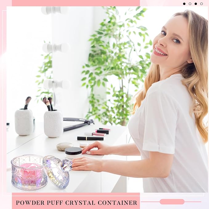 Tioncy 3 Pcs Large Body Powder Puff and Container Valentine's Day gift Powder Container with Puff Crystal Case Soft Washable Reusable Velour Face Body Glitter Wet Dry Makeup(Crown,Glitter)