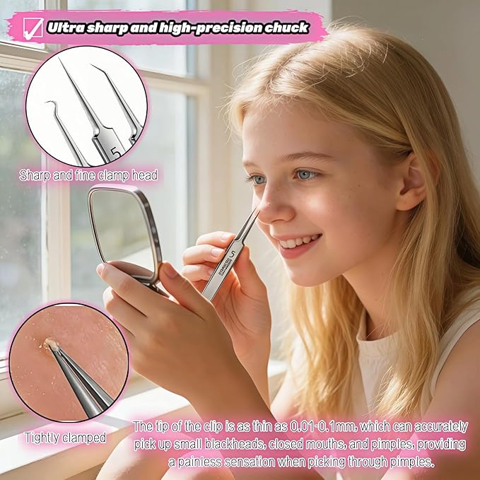 Professional Blackhead Remover Tweezers Set, Stainless Steel Pimple Extractor Tool Kit with Straight, Angled and Curved Tips, 3 Piece Set with Storage Case