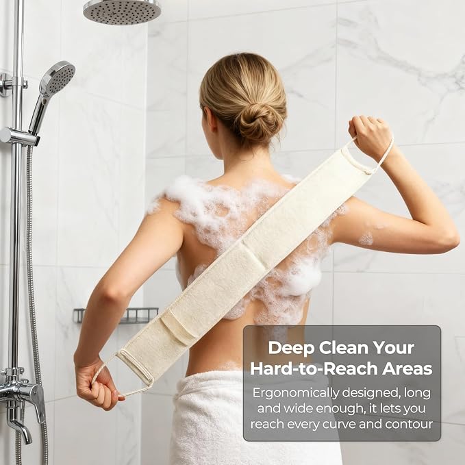 Natural Loofah Back Scrubber, Double-Sided Exfoliating Body Scrubber with Handy Strap for Deep Cleaning, Durable Bath Shower Luffa Sponges for Men and Women (Beige)