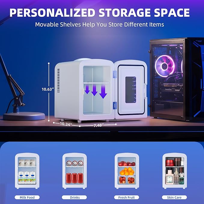 Antarctic Star Mini Compact Refrigerator with Gaming Light, 4L Capacity/6 Cans Portable Mini Fridge, for Bedroom,Car,Office and Dorm, Small Cooler for Cosmetics, Beverage and Food, White
