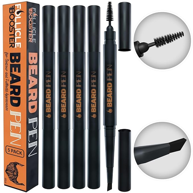 Beard Pen Filler for Men - Barber Styling Grooming Pencil - Waterproof, Sweat Proof, Long Lasting Solution with Natural Finish - Cover Beard and Scalp Patches in Seconds - Jet Black 5 Pack