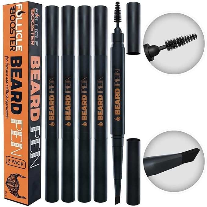 Beard Pen Filler for Men - Barber Styling Grooming Pencil - Waterproof, Sweat Proof, Long Lasting Solution with Natural Finish - Cover Beard and Scalp Patches in Seconds - Dark Brown 5 Pack
