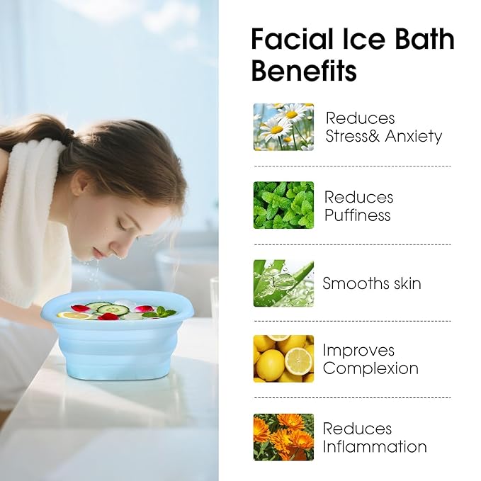 Face Bowl for Ice with Built-In Ice Tray - Collapsible Silicone Face Ice Bath Bowl for Skin Refreshing, Puffiness Relief, Morning Skincare Routine for Home and Travel