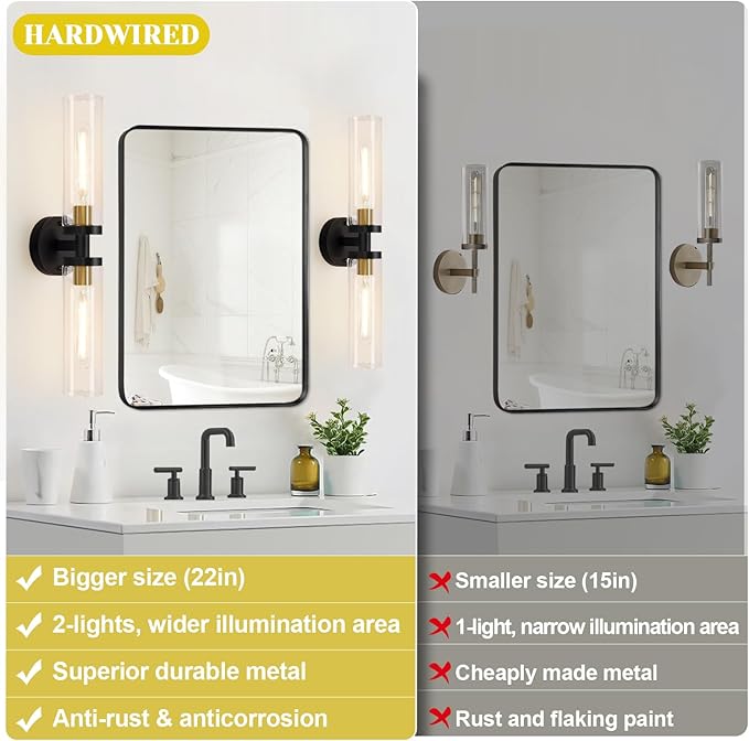 Wall Sconces Set of Two, 22" Black and Gold Bathroom Sconces with Clear Glass, Hardwired Modern Sconces Wall Decor Set of 2 Wall Light fixtures for Bathroom Mirror Living Room Hallway Bedroom