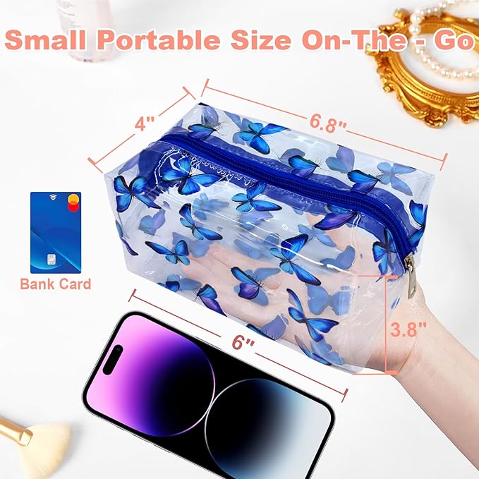 Clear Makeup Bag, Small Clear Toiletry Bag for Travel, Cosmetic Makeup Organizer Bags with Zipper, Plastic PVC Pouch Transparent Zip for Purse Reusable TSA Approved Quart Size (Butterfly)