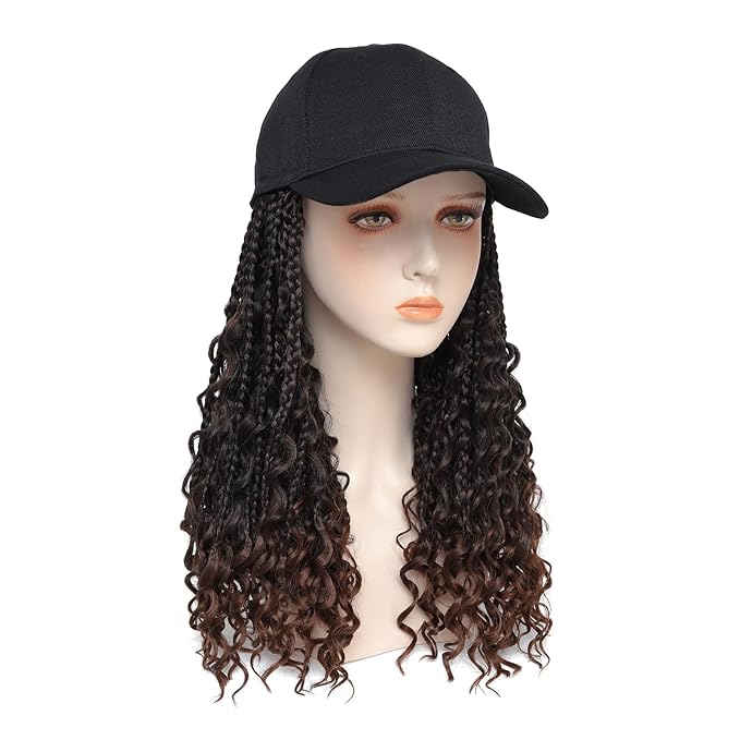 GUOJIAN Goddess Box Braiding Baseball Cap Wig Bohemian Curly Ends Box Braids Hat with Braided Hair Extensions for Black White Women Synthetic Braids Hat Wig with Hair Attached (16inch, T30)