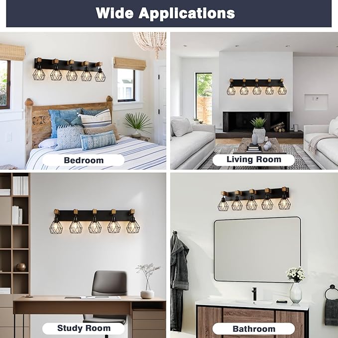 5-Light Farmhouse Bathroom Vanity Light Fixtures, Wood Bathroom Light Fixtures Over Mirror, Rustic Sconces Wall Lighting with Elegant Metal Lampshade for Living Room, Bedroom, Hallway