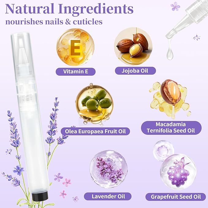 Refillable Cuticle Oil Pen - 1 Empty Nail Oil Pen with 10 x 1.8ml Queeze Cuticle Oil Stick with Vitamin E Jojoba Oil Softener Moisturizer Growth Strength Repair for Thin Damaged Nails（Lavender）