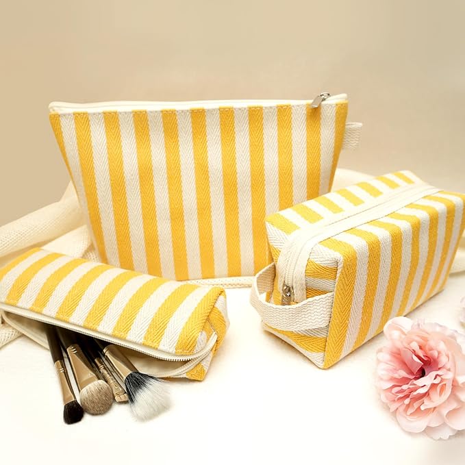 3 Pcs Makeup Bag Set Striped Canvas Purse Cosmetic Bag For Women Travel Toiletry Pouch Organizer pencil case (Yellow-White)