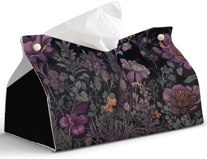 Black Floral Leather Tissue Box Cover Rectangle,Spring Flower Toilet Paper Box Holder,Cottagecore Decorative Facial Paper Case for Farmhouse Living Room Bathroom Kitchen Office,9.8x5.9x5.9