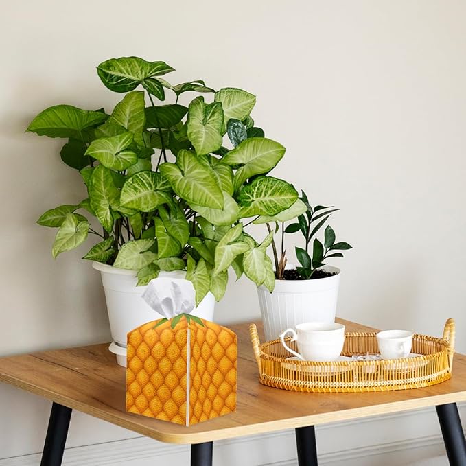 Funny Fruit Tissue Box Cover Summer Cute Yellow Pineapple Leather Tissue Box Holder Square Facial Paper Organizer Dispenser for Car Bathroom Bedroom Office Tabletop Decor