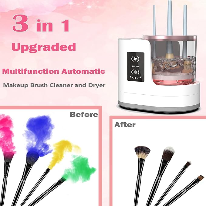 Makeup Brush Cleaner 3 in 1 Electric Makeup Brush Cleaner and Dryer, Automatic Makeup Brush Cleaner Machine with Multi-Hour Drying Settings, Portable Design for All Makeup Brush Types