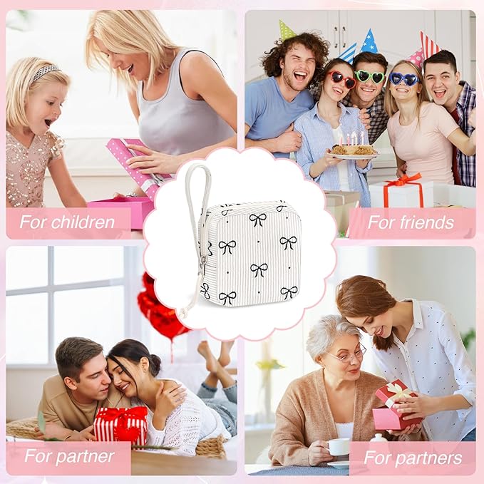 Small Makeup Bag | Discreet Period Bag Pad Pouch for Purse| Sanitary Napkin Storage & Tampon Holder for Travel (Cute black bow)