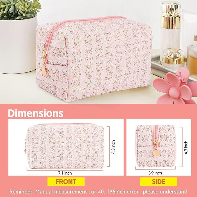 Floral Makeup Bag,Floral Quilted Makeup Pouch,Large Cosmetic Bag,Fashionable Travel Makeup Pouch, Cute Pink Makeup Bag,Puffy Coquette Make up Bag, Attractive Quilted Make up Bag