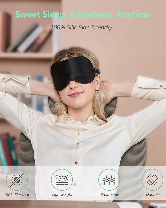 BeeVines 100% Real Mulberry Silk 2 Pack Sleep Mask, Pure Silk Eye Masks with Adjustable Strap for Sleeping, 100% Block Light Eye Shade Cover, Reduces Puffy Eyes Traveling Gifts(Black & Rich Purple)