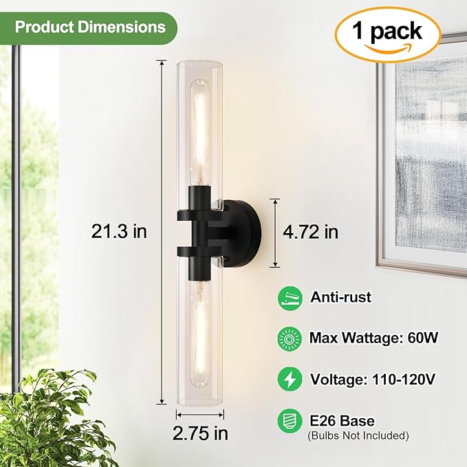 Matte Black Wall Sconces, Bathroom Sconces Wall Lighting with Clear Glass, Modern Sconces Wall Light fixtures for Bathroom Mirror Living Room Hallway Bedroom