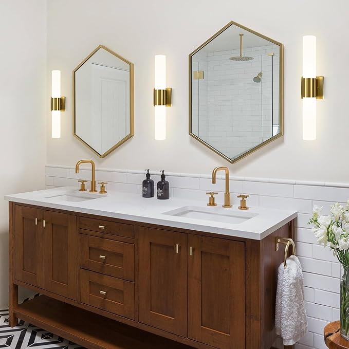 Kalium Bathroom Wall Sconces Set of Two, 21 Inch Modern Vanity Lights with Frosted Glass Shade, Bathrooms Vanity Lighting Fixtures for Mirror Bedroom Living Room Hallway (Gold)