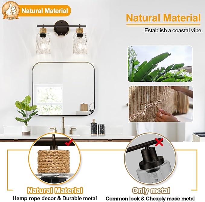 Bathroom Light Fixtures, 2-Light Coastal Vanity Lights with Crystal Glass Shade, Brown and Gold Bathroom Wall Lamp for Mirror Kitchen Hallway Cabinet