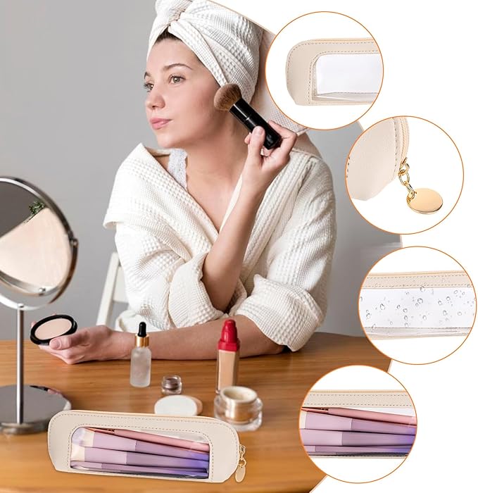 Small Clear Makeup Bag, PU Leather Travel Makeup Brush Case Portable Transparent Waterproof Cosmetic Organizer Pouch with Zipper for Women Home Travel Office Cosmetic Storage (Beige)