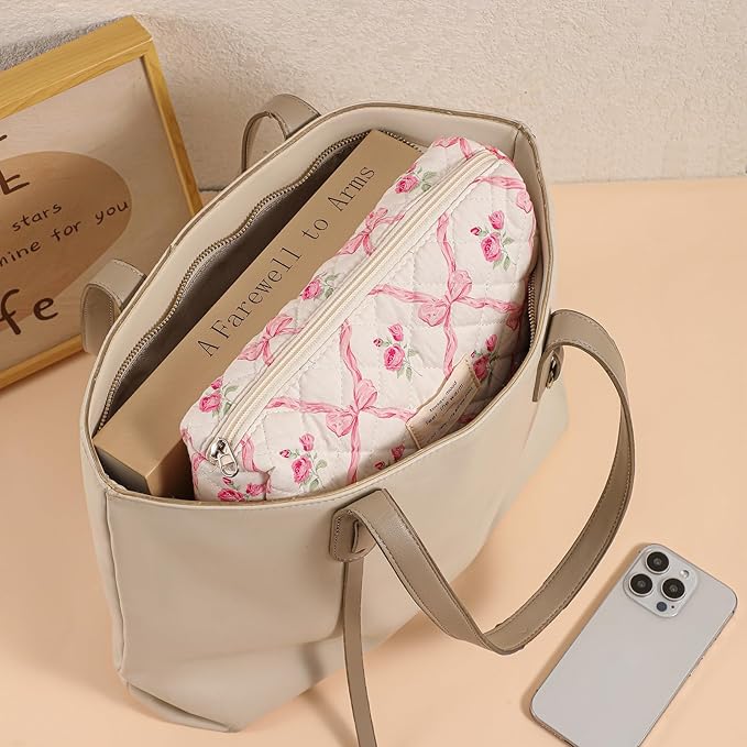 uekeboag Quilted Cotton Makeup Bag,Coquette Quilted Toiletry Bag for Women and Girls,Floral Coquette Pouch,Cute Kawaii Travel Cosmetic Bags(Pink Bow)