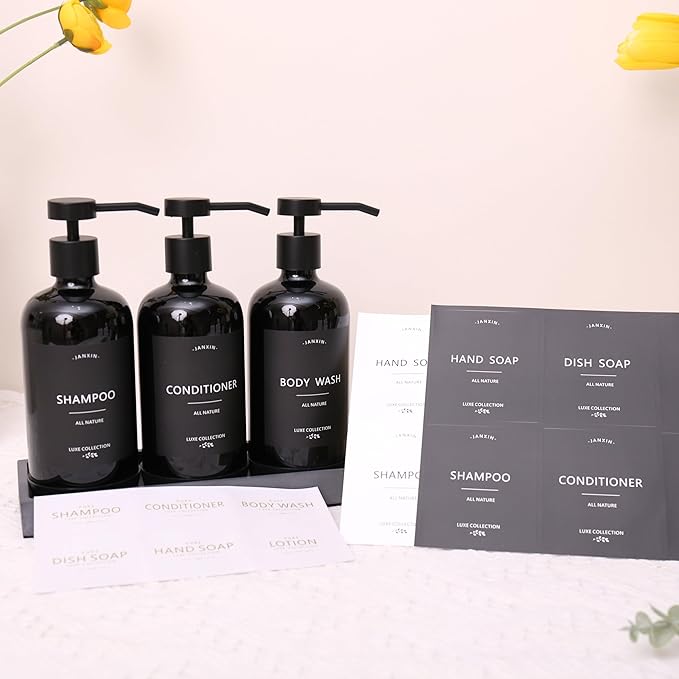 Shampoo and Conditioner Dispenser Set of 3,Refillable 21oz Shampoo Bottles with Non-Slip Protective Silicone Pad,Shower Soap Dispenser with Waterproof Labels for Bathroom (Black)