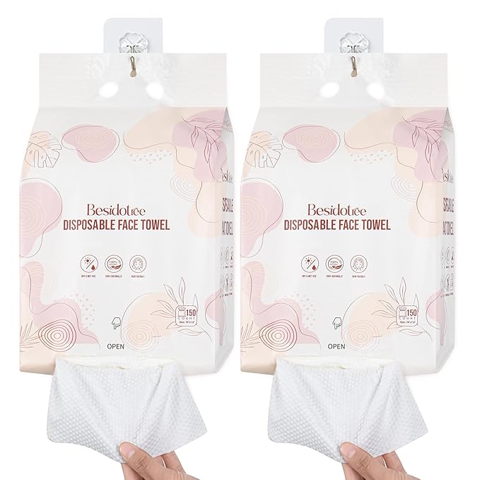 Disposable Towels for Face Hang Over the Door or on Wall, 300 ct, 2 Pack, Thick and Durable Facial Towels for Skin Care, Makeup Removal, Multi-Purpose Use on Sink, Bathroom Counter, Toilet, etc
