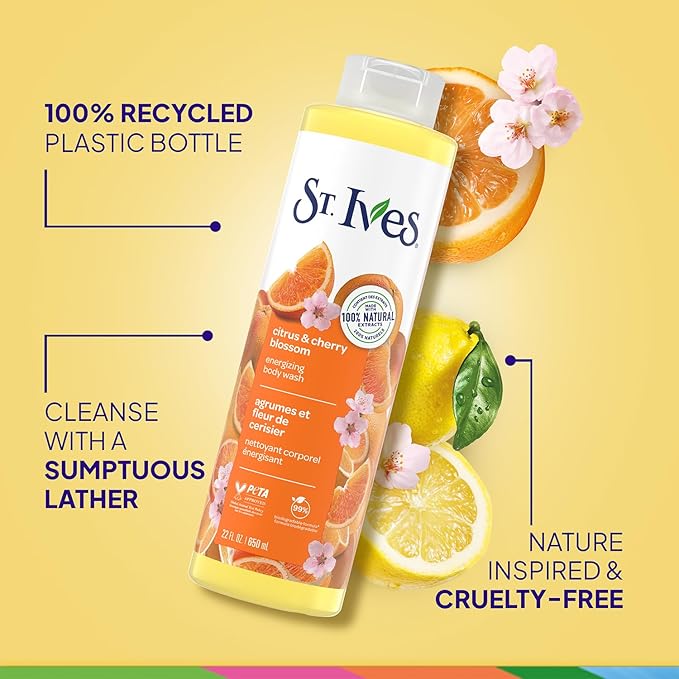 St. Ives Body Wash, Citrus & Cherry Blossom Energizing Shower Gel 2-Pack, 100% Natural Extracts, Cruelty-Free, 22 Oz Ea