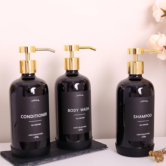 Shampoo and Conditioner Dispenser Set of 3,Refillable 21oz Shampoo Bottles with Non-Slip Protective Silicone Pad,Shower Soap Dispenser with Waterproof Labels for Bathroom (Black)