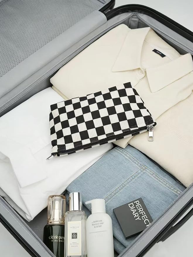 Black and White Checkered Makeup Bag Set of 2, Corduroy Cosmetic Pouch for Women, Travel Toiletry Bag with Zipper