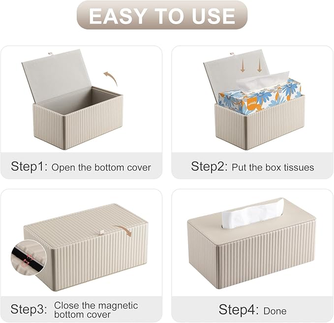 KINGFOM PU Leather Tissue Box Cover Rectangular Tissue Box Holder with Magnetic Bottom, Napkin & Facial Tissue Holder Dispenser for Home, Office for Standard 120-count/160-count (2-Ply) Beige Stripe
