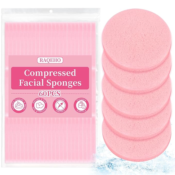 60pcs Compressed Facial Sponges - Round Face Sponge Disposable Travel Facial Cleansing Pads Makeup Sponge for Face Wash Exfoliating Remover Skin Care Beauty Tool Esthetician Essential（Pink）