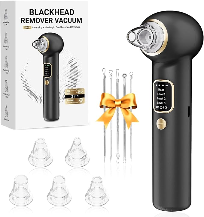 Electric Blackhead Remover Vacuum with Heating, 3 Suction Levels 5 Probes Pore Extractor Kit, Rechargeable Deep Pore Cleansing Tool for Women & Men (Black)