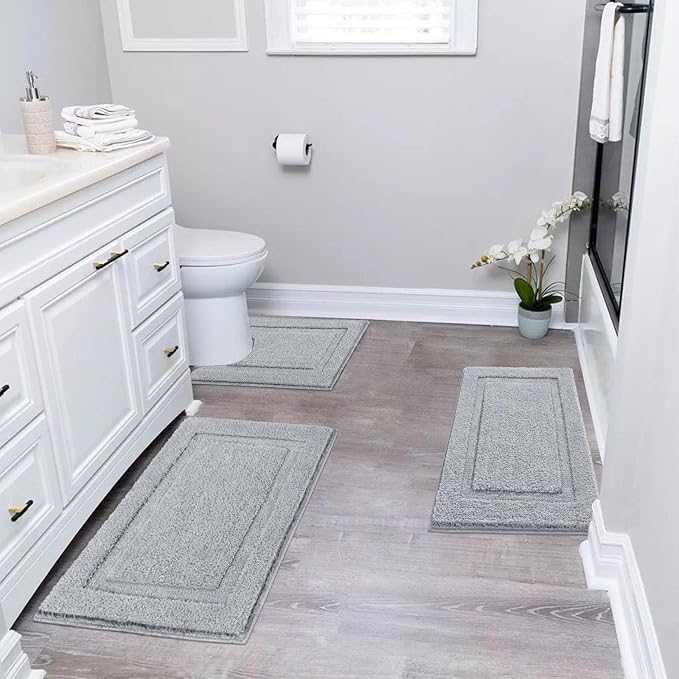 SHACOS Soft Fluffy Bathroom Rugs Set of 3 Pieces Bath Mats with U Shape Toilet Rugs Non Slip Washable Bath Rugs Absorbent Bathroom Carpet for Shower Tub, Light Gray