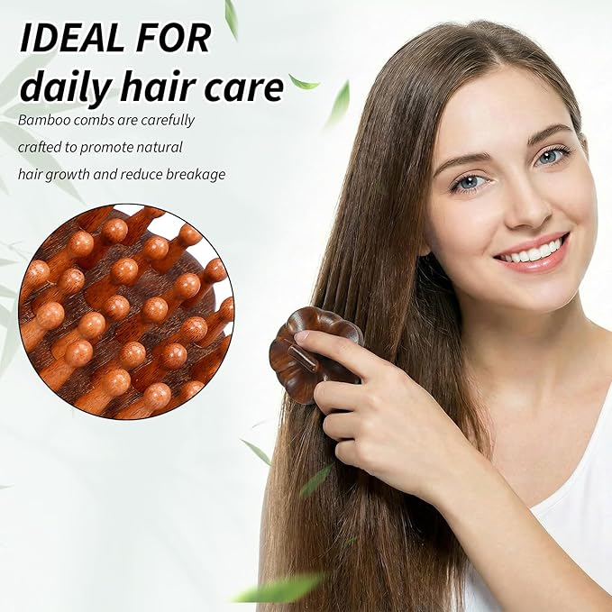 Wooden Scalp Massager Comb for Promote Hair Growth, Natural Wooden Hair Brush Portable Handheld Head Gua Sha Brush Round Anti-Static Head Massage Tool for Men Women Spa