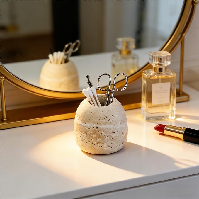 Travertine Match and Toothpick Holder Cute Beige Multi-Purpose Storage Jar for Cotton Swabs Matches Nail Clippers Scissors Bathroom Bedroom Vanity Decor (Beige)