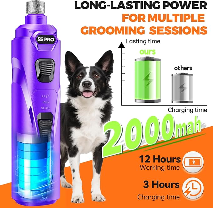 Whisper Quiet Dog Nail Grinder with LED Light, Safe & Stress-Free for Sensitive Dogs of All Breeds & Sizes, 3 Grinding Bits, 3-Speed, Pet Nail Trimmers, Rechargeable Painless Grooming Kit Purple