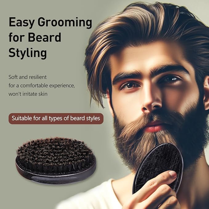 Men's Boar Bristle Beard Brush with Wooden Handle - Pocket Size for Mustache and Beard Grooming (Black)