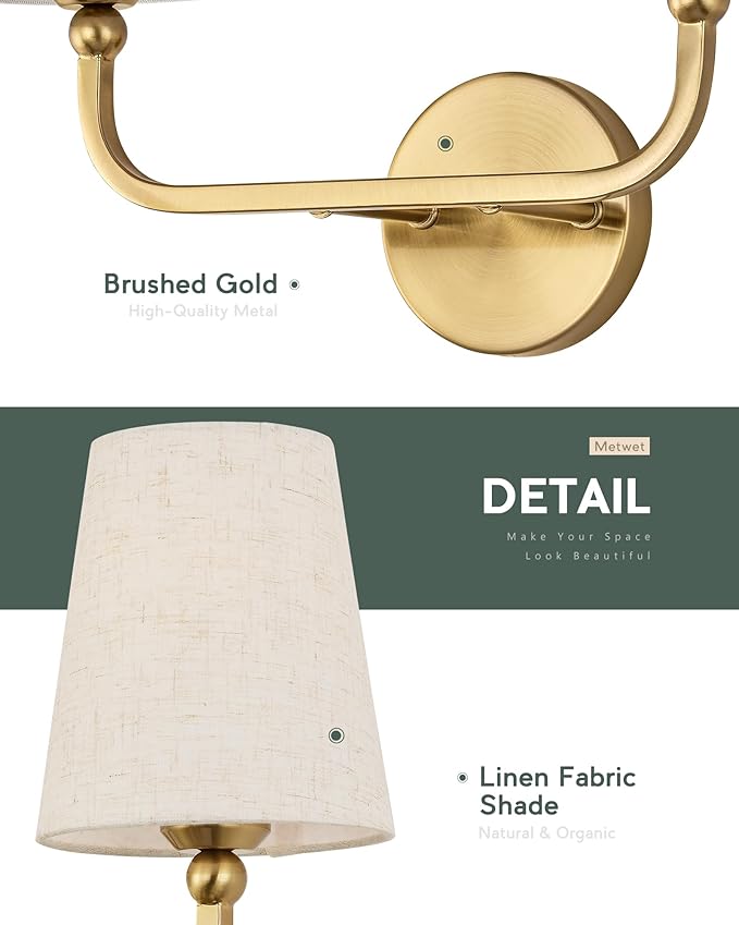 2-Light Bathroom Light Fixtures, Brushed Gold Vanity Lights, Double Wall Sconce with Linen Fabric Shade, Modern Sconces Wall Lighting for Hallway Bedroom Stairway, VL837-BG-A-2