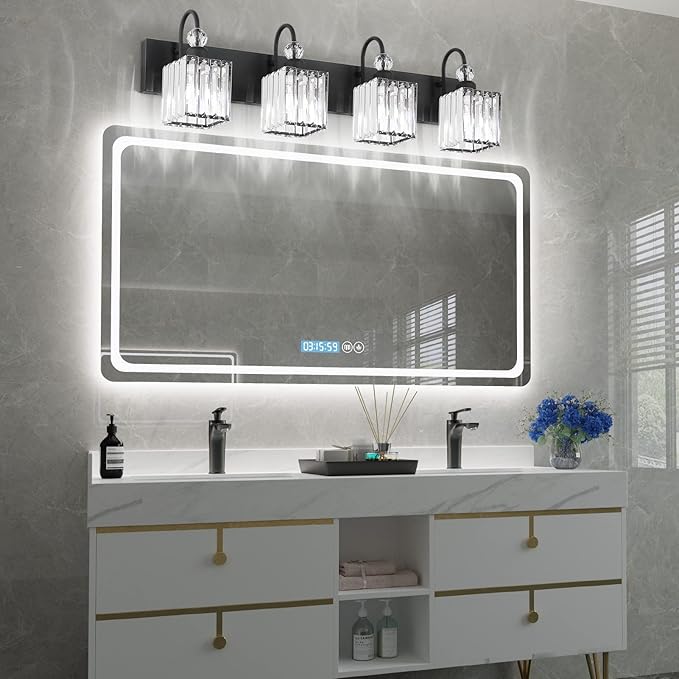 Ralbay Matte Black Crystal Vanity Light 4 Light Modern Crystal Bathroom Lighting Fixtures Over Mirror, Crystal Black Bathroom Vanity Light