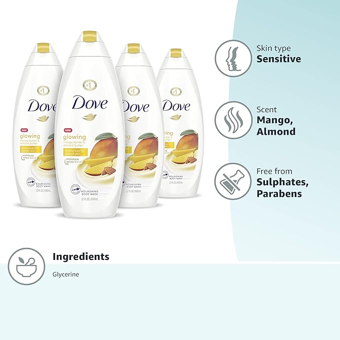 Dove Glowing Body Wash For Revitalized, Refreshed Skin Mango Butter and Almond Butter Cleanser That Effectively Washes Away Bacteria While Nourishing Your Skin 22 oz 4 Count