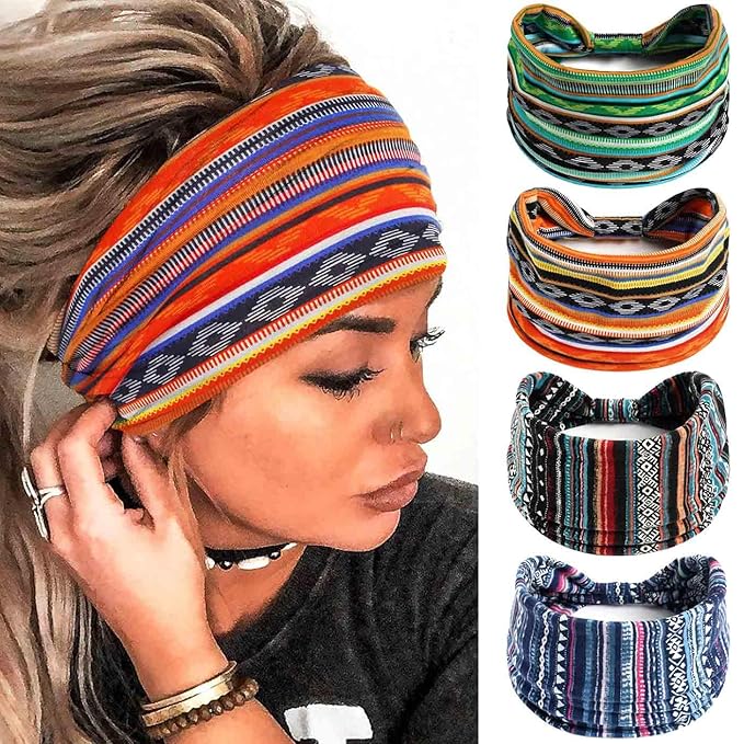 Olbye Wide Boho Headbands Floral Stretch Head Wraps Bohemian African Turban Hairbands Knotted Bandana Headband Yoga Running Head Scarfs Workout Hair Accessories for Women 4Pcs (Stylish, 9.4 * 5.9'')