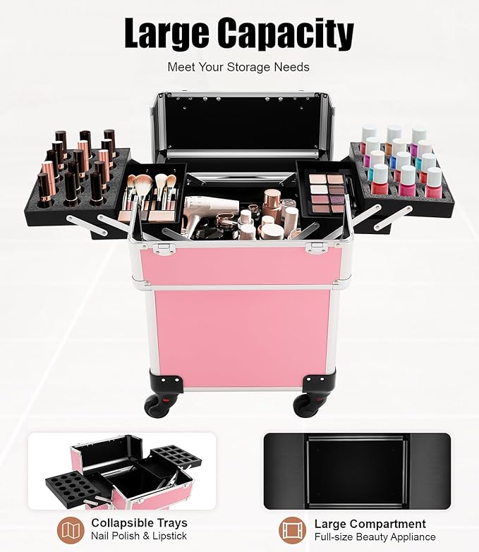 Pink Rolling Makeup Case, Professional Cosmetic Box Storage on Wheels, Large Make Up Train Carrying Cases w/4 Organizer Trays, Cosmetic Case Trolley with Locks for Makeup/Nail Art/Hair Styling