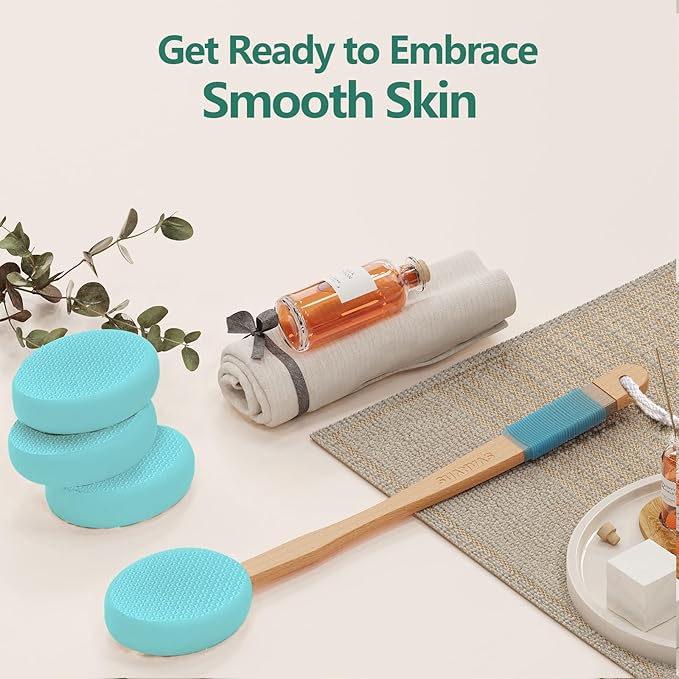Lotion Applicator With 4 Replaceable Pads for Back, Self, Elderly, Women - Sunscreen and Cream Applicator With 17" Curved Handle for Easy Targeting of Back and Feet, Blue