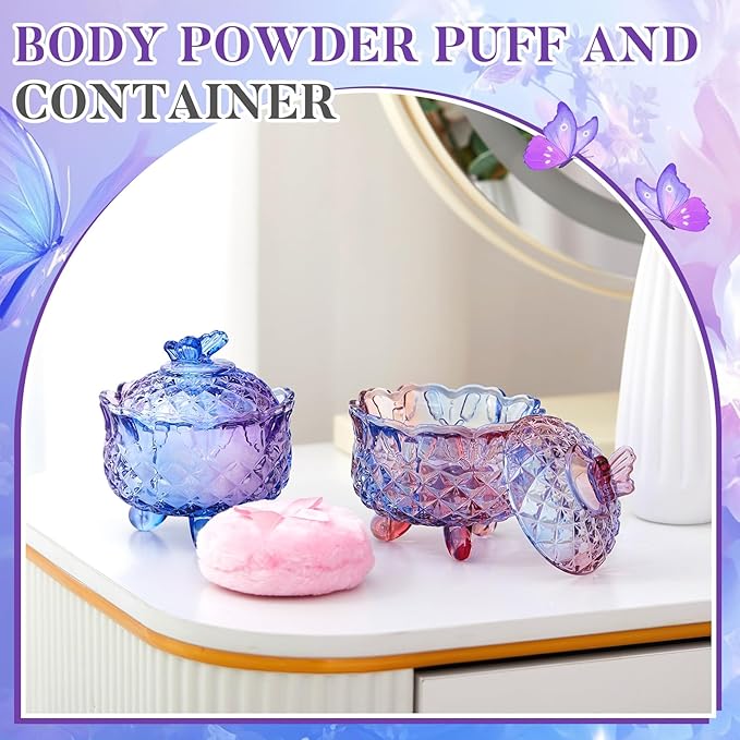 Tioncy 4 Pcs Large Body Powder Puff and Container Extra Large Body Powder Puff Dish Soft Washable Reusable Fluffy Makeup Sponge Wet Dry(Butterfly,Purple and Blue)