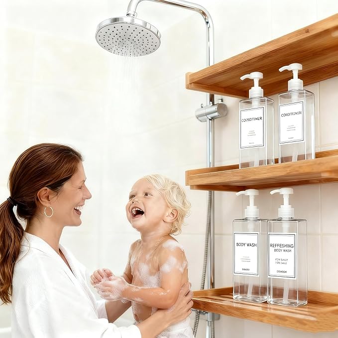 Modern Shampoo and Conditioner Dispenser (21 oz, Pack of 3) Refillable Pump Bottle Set Empty Shower Plastic Bottles with Pump for Bathroom Body Wash Soap and Shower