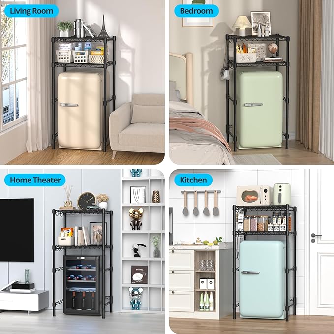 Mini Fridge Stand with Adjustable Shelf, 2 Tier Storage Rack Organizer for Refrigerator & Microwave, Storage Shelves and Space Saver for Dorm Room, Office, Kitchen, Apartment, Garage, Black
