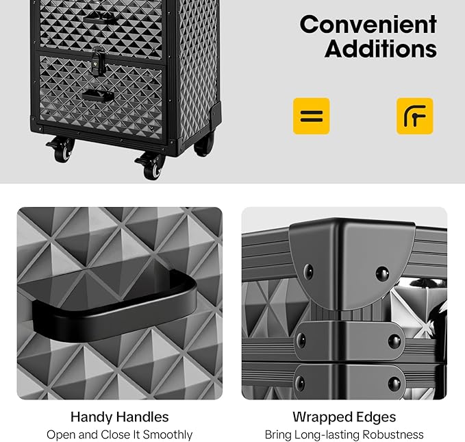 Lockable Makeup Train Case,33.07lbs Rolling Hairdressing Trolley,Beauty Salon Cosmetic Luggage with Universal Wheels for Hair Stylist,Make-up Artists (Black 3)